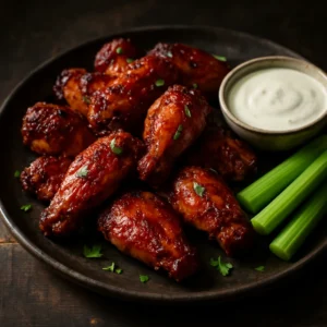 Crisp smoked ghost chicken wings served with celery sticks and dip