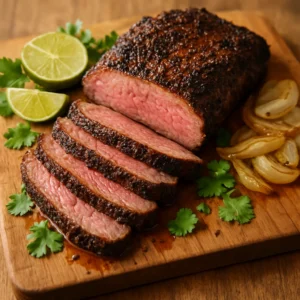 Sliced smoked tri-tip roast with cilantro and lime