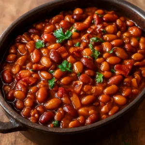 Southern baked beans with bacon and glossy barbecue sauce