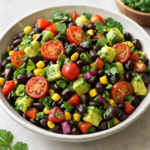 Southwest black bean salad with black beans, vegetables, avocado, and lime dressing