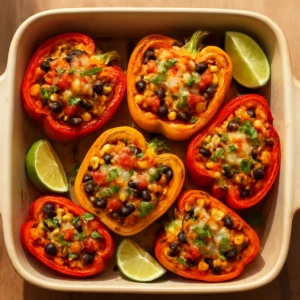 Southwest stuffed bell peppers with rice, black beans, corn, and melted cheese