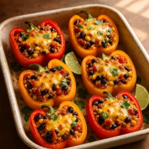 Baked Southwest stuffed peppers filled with rice, black beans, corn, tomatoes, cheese, and Arizona Sonoran SW Desert Blend Olive Oil