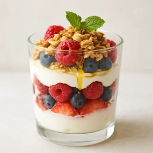 Greek yogurt fruit parfaits with berries, granola, and a spearmint honey drizzle