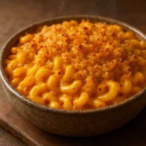 Creamy baked spicy ghost pepper mac and cheese with a golden breadcrumb topping