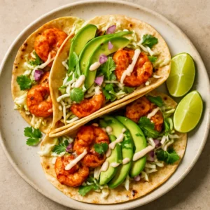 Spicy shrimp tacos with cabbage, avocado, cilantro, and lime on warm tortillas