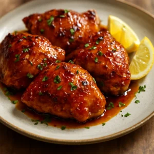 Spicy honey glazed chicken with glossy glaze and parsley garnish