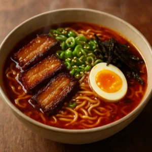 Spicy pork belly ramen with noodles, soft-boiled egg, scallions, and savory broth