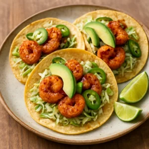 Spicy shrimp tacos with lime slaw, avocado, and lime wedges