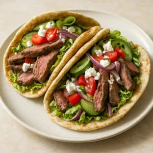 Steak and pita wraps with lettuce, tomato, cucumber, feta, and yogurt sauce