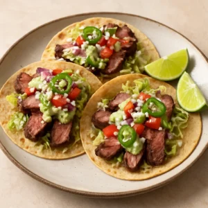 Finished steak tacos topped with avocado crema, tomato, onion, and lime wedges