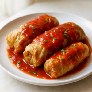 Stuffed cabbage rolls with beef and rice in tomato sauce