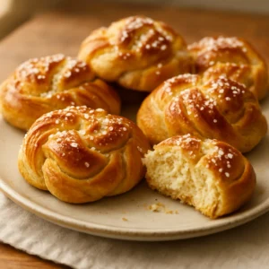 Fresh Swedish cardamom buns with a golden swirl and pearl sugar