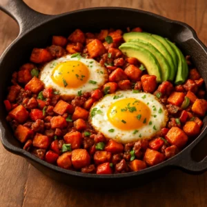 Roasted sweet potato hash with chorizo, peppers, and eggs in a skillet