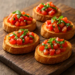 Tomato basil bruschetta on toasted baguette slices with fresh tomatoes and basil