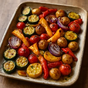 Tuscan roasted vegetables with zucchini, peppers, tomatoes, and baby potatoes