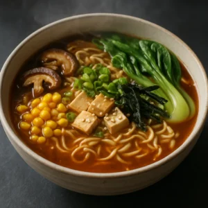 Finished bowl of vegetable miso ramen with mushrooms, tofu, bok choy, and a drizzle of Ramen Infused Olive Oil Blend
