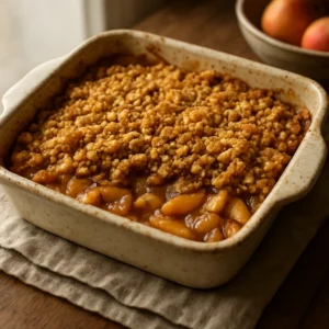 Warm apple crisp with golden oat topping and cinnamon-spiced apples