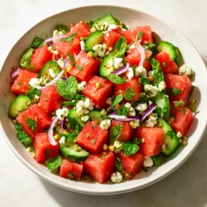 Watermelon feta salad with cucumber, feta, mint, and spearmint olive oil