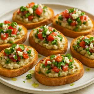 Rustic white bean crostini topped with tomatoes, fresh herbs, feta, and a drizzle of infused olive oil