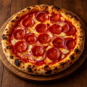 Wood-fired pizza with bubbling cheese, pepperoni, and a finishing drizzle of Calabrian chili olive oil