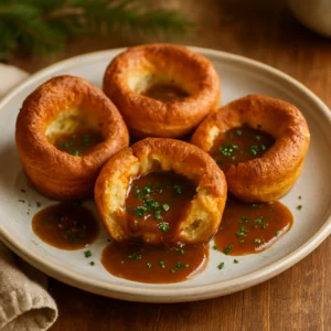 Golden Yorkshire pudding filled with savory herb gravy