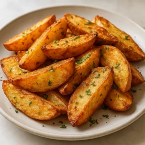 Golden crispy air fryer potato wedges with a savory seasoning finish