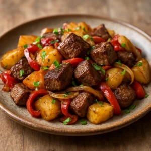A hearty Southwestern steak and potatoes dinner with browned steak, golden potatoes, onions, peppers, and parsley