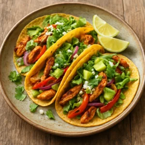 Arizona Desert Fire Chicken Tacos with chicken, peppers, avocado, and lime
