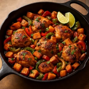 Fire-roasted chicken and sweet potato skillet with peppers, onions, cilantro, and lime