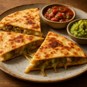 Crispy green chile and cheese quesadillas with melted filling