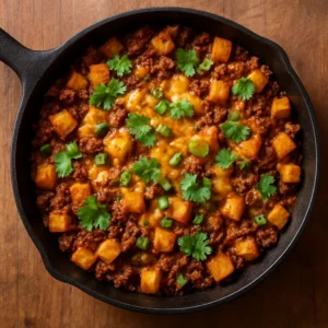 Finished beef and potato skillet with red chile seasoning and melted cheddar
