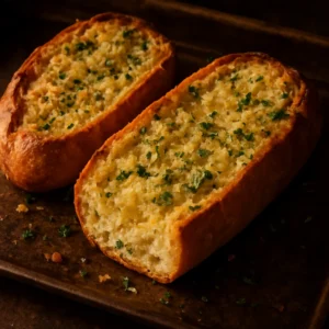 Artisan garlic bread with a golden crust, Parmesan, parsley, and a savory roasted onion and garlic finish