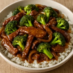 Asian beef and broccoli stir-fry with glossy savory sauce and steamed rice