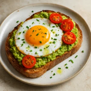 Avocado toast topped with a soft egg, tomatoes, chives, and a drizzle of savory olive oil