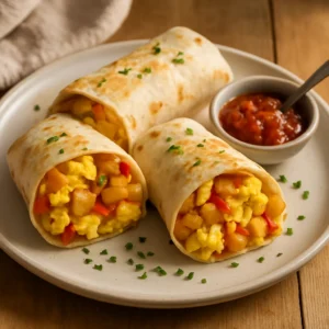 Breakfast burritos filled with scrambled eggs, potatoes, cheddar, and salsa