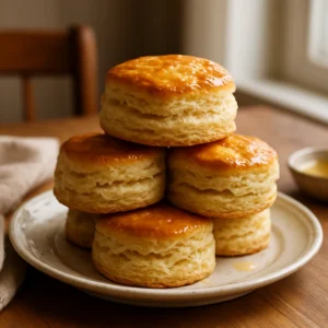 Golden buttermilk biscuits with flaky layers and a glossy butter finish