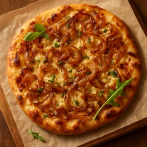 Golden caramelized onion flatbread with melted cheese and herbs