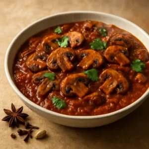 Chettinad-style mushroom masala with browned mushrooms in rich curry sauce