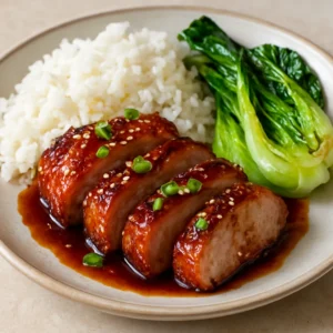Sliced Chinese BBQ pork tenderloin glazed with five spice sauce and garnished with scallions and sesame seeds.