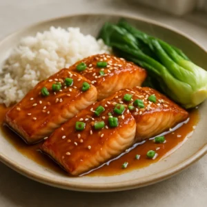 Glazed salmon fillets with scallions and sesame seeds served with rice