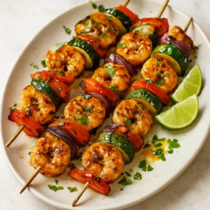 Grilled citrus shrimp skewers with vegetables and lime wedges