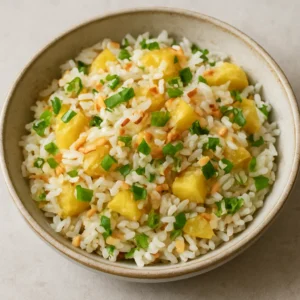 A bowl of coconut pineapple rice with pineapple, toasted coconut, cilantro, and green onion