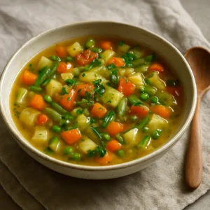 A warm bowl of cottage vegetable soup finished with herb-infused olive oil and parsley.