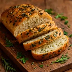 Country herb bread brushed with olive oil and fresh herbs on a cutting board