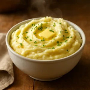 Creamy garlic mashed potatoes topped with parsley and a drizzle of infused olive oil