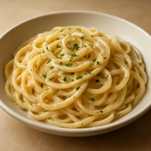 Creamy garlic parmesan pasta with parsley and parmesan in a bowl