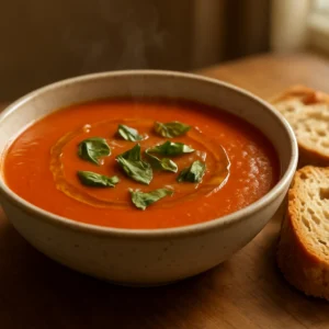 Creamy tomato soup finished with a drizzle of savory infused olive oil and basil