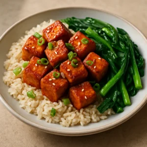 Crispy tofu with Chinese five spice glaze over jasmine rice