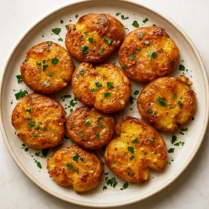 Crispy smashed potatoes finished with smoked garlic infused olive oil