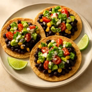 Crispy black bean and corn tostadas topped with avocado, tomatoes, cilantro, and lime